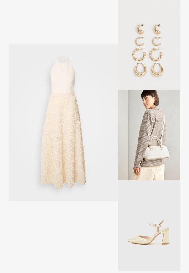 Jarlo DAVINIA - Alkalmi viselet - champagne; Arany fémes magas sarkú cipő hegyes orral, bokapánttal, amelyen köralakú csat található, és tömzsi sarokkal rendelkezik. Simás textúra.; Fehér, strukturált kézitáska rövid füllel és vállpánttal, arany színű fém kiegészítőkkel és texturált anyagból, szürke háttér előtt bemutatva.; Öt darab arany fülbevaló szett, különböző mintákkal: csavart, bordázott és sima felületek karika és félhold formákban.