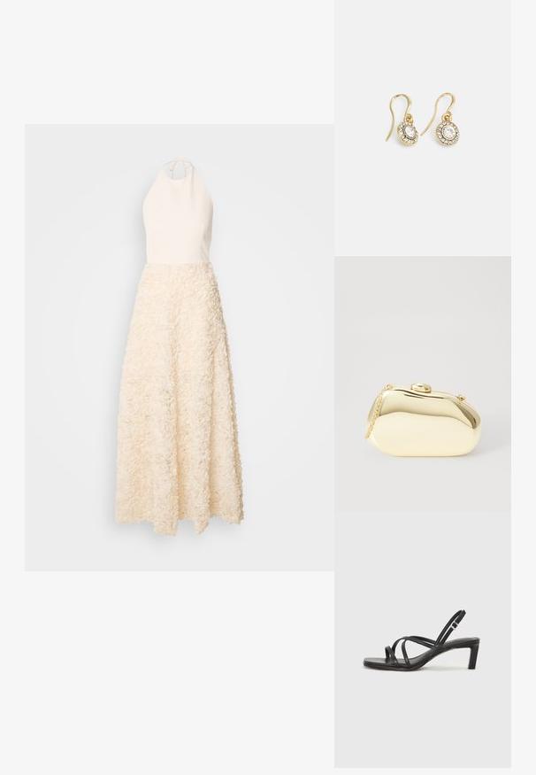 Jarlo DAVINIA - Pidulikud riided - champagne; Mustast rihmajalatsid ruudukujulise varba ja madala ploki kontsaga. Omab mitmeid õhukesi rihmasid ja reguleeritavat pahkluu rihma. Valmistatud siledast nahast.; Kuldne metallist käekott sujuva, ümarate kujude ning ülemise nupuvajutusega kinnitusega. Koti küljes on väike kett, et oleks mugav kanda.; Kuldtooni kõrvarõngad ovalikujuliste selgete kristallidega, mille ümber on väiksemad selged kivid, ja kaarvormiga disain, et tagada kindel kandmine.