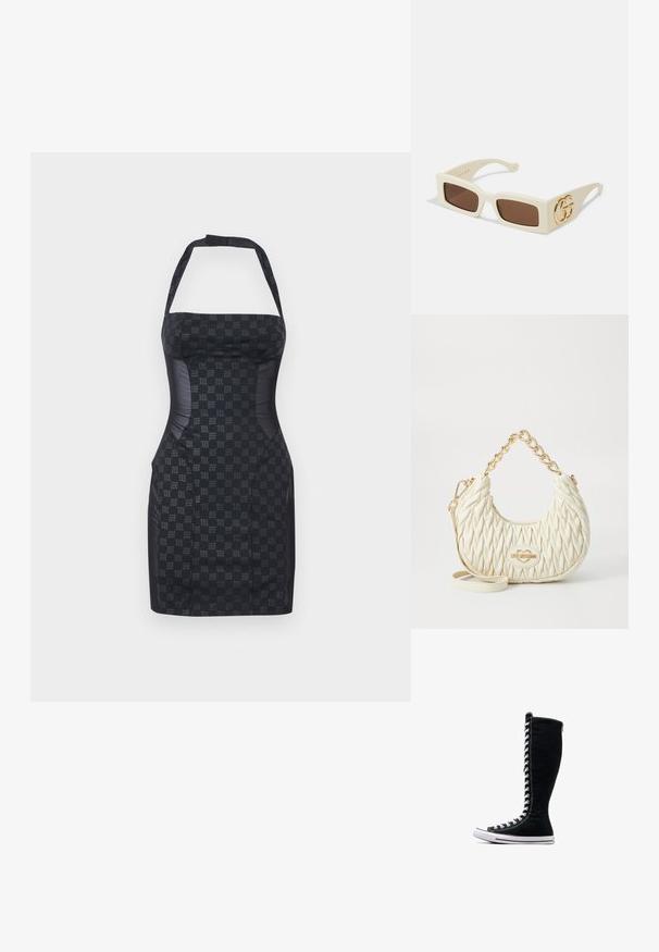 Tamsiai mėlyna, prie kūno prigludusi halterio stiliaus suknelė su tekstūruotu raštu, formuojančiu liemenį, ir aptakiais šonais; lygi audinio apdaila.; Juodos aukštos sportinės bateliai su aukštu dizainu, pagaminti iš kanvo. Su baltais raišteliais, siūlėmis ir guminėmis padais su pirštų kepurėle.; Balti stačiakampiai saulės akiniai su rudais lęšiais. Šone yra ryškus auksinis GG logotipas. Pagaminti iš struktūrinės plastiko medžiagos.; Siuvinėta balta rankinė, pagaminta iš sintetinio medžiagos, su auksiniu grandinės rankenėle ir logotipo plokštelėmis, turinti išlenktą formą ir tekstūruotą paviršių.