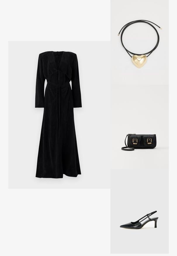 Juoda ilgomis rankovėmis suknelė iš minkštos zuelės, su šiek tiek prigludusia viršutine dalimi, atvira priekiu ir pritvirtinta pabrėžimu juosmens srityje, pereinanti į pilną sijoną.; Juodai lakuoti slingback aukštakulniai su smailiu nosiu, su tekstūruotu gyvatės raštu, reguliuojama juosta ir trumpu, tekstūruotu blokiniu kulnu.; Juodas odinis per petį nešiojamas krepšys su dviem priekiniais kišenėmis, auksiniais sagtimis, užtrauktuko uždarymu ir siauromis petnešomis. Textūruota paviršius ir kompaktiškas stačiakampis formatas.; Juodas pintas virvutės vėrinys su poliruotu auksiniu širdies pakabuku, pasižyminčiu švelniomis formomis ir blizgiu paviršiumi.