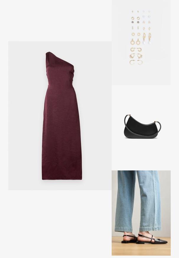Ermeløs, en-skulder, gulvlengde kveldskjole i dyp burgunder satin med et subtilt teksturmønster.; Sorte lærrem sko med spiss tå, flat hæl og ankelrem; brukt med lyseblå vide jeans.; Svart lær skulderveske med en buet design, med en teksturert stropp og gullfarget hardware på toppen av lukningen. Glatt finish.; Sett med gullfargede øredobber med ulike design, inkludert stikkere, hoops og hengende deler med perler og rhinestones.