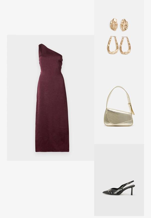 Bezplecu, vienam plecam, grīdas garuma vakarkleita tumši bordo satīnā ar smalku teksturētu rakstu.; Melnā patentēta ādas sandale ar norādītu purngalu, potītes siksniņām ar sudraba sprādzēm un aparatūru, kā arī smalku papēdi.; Zelta metāla somiņa ar strukturētu dizainu, gludu tekstūru un regulējamu siksniņu. Iezīmējas ar unikālu trīsstūrveida formu un minimālistisku šuvumu.; Zelta krāsas auskari ar teksturētām, viļņotām formām. Iekļauts skulpturāls piespraužams modelis un atvērta gredzenveida konstrukcija ar izsistām virsmām.