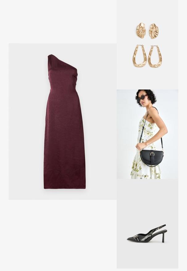 Ermeløs, en-skulder, gulvlengde kveldskjole i dyp burgunder satin med et subtilt teksturmønster.; Sorte patentlær slingback-sko med spiss tå, ankelremmer med sølvspenner og detaljer, og en slank hæl.; Svart lærveske med en buet form, avtagbar stropp og gullbeslag. Vesken har et klaff med spenne-detall.; Gullfargede øredobber med teksturerte, bølgete former. Inkluderer skulpturelle klipsstuds og åpen hoop-design med en hamret finish.