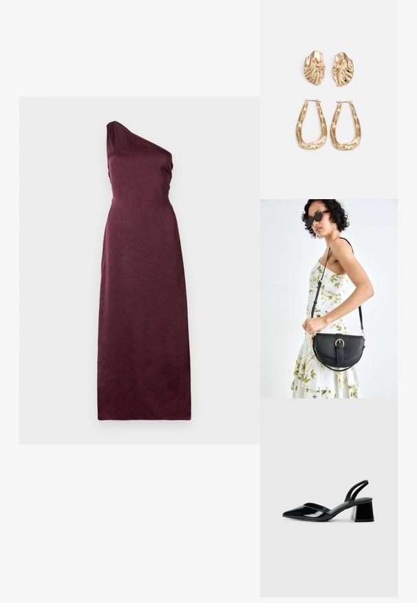 Tops-to-ramena, dolga večerna obleka iz globoko burgundske satenske tkanine z rahlim teksturiranim vzorcem.; Črne lakirane slingback pete s koničastim nosom in geometrijsko blokasto peto. Imajo eleganten, minimalističen dizajn in gladko teksturo.; Črna usnjena torbica s ukrivljeno obliko, z odstranljivo naramnico in zlatimi dodatki. Torbica ima pokrov s podrobnostmi v obliki zaponke.; Zlato obarvani uhani z teksturiranimi, valovitimi oblikami. Vključujejo skulpturalne sponke za ušesa in odprto obliko obročka s kladivastim finišem.