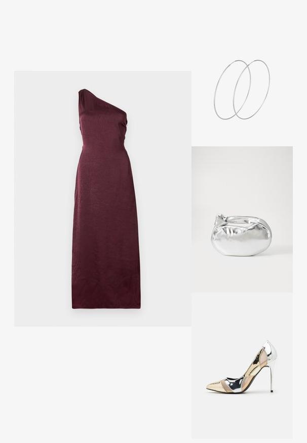 Ärmlös, enaxlad, golvlång aftonklänning i djupt burgundyröd satin med ett subtilt strukturerat mönster.; Spetsig tå högklackad sko med en färgpalett av silver, guld och nude. Glansig yta med utskärningsdesign, utrustad med en stilettklack.; Silverfärgad metallisk påse med en mjuk, rundad form och en knutstängning upptill. Tillverkad av ett mjukt material i konstläder.; Silverfärgade hoopörhängen med en minimalistisk design. Cirkulär form, slät yta och tunn profil. Lätta med en polerad finish.