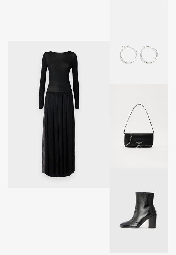 Robe noire avec un haut ajusté à manches longues en matériau transparent, se transformant en une jupes maxi fluide avec des fentes latérales.; Bottine en cuir noir, avec une texture lisse, un bout pointu et un talon chunky haut. Présente une ouverture sur le côté et un design minimaliste.; Sac à main en cuir noir avec une bandoulière en chaîne argentée, présentant des accents décoratifs en forme d'ailes et des coutures blanches le long de la couture inférieure.; Les boucles d'oreilles en argent en forme de créole présentent un design lisse et arrondi avec un profil fin et un fermoir sécurisé. Style minimaliste avec une finition polie.