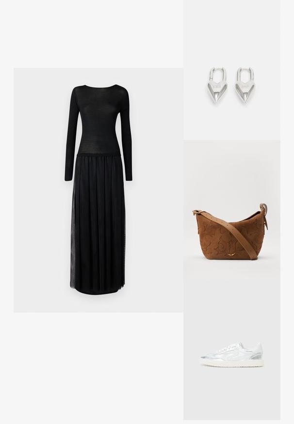 Svart klänning med en figurnära långärmad topp av genomskinligt material, som övergår till en flödande maxikjol med sidoflikar.; Vita sneakers med metallisk silverdetaljer, slät yta, rund tå, platt sula och traditionell snörning.; Brun mocka axelväska med präglande blommönster, kompletterad med ett slätt brunt läderhandtag och akcenter i guldton.; Silverfärgade hartsformade hänglås med ingraverade "JA" och "NEJ"-texter, polerad yta, symmetrisk design och en robust metallklolukning.