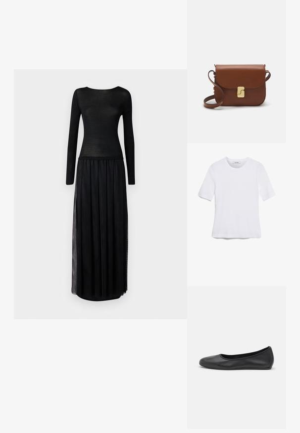 Czarna sukienka z dopasowaną górą z długim rękawem wykonaną z przezroczystego materiału, przechodząca w zwiewną spódnicę maxi z bocznymi rozcięciami.; Biała koszulka krótki rękaw wykonana z materiału prążkowanego. Okrągły dekolt, regularny krój i subtelne detale szwów. Bez wzorów ani grafik.; Czarne skórzane baletki z zaokrąglonym noskiem, gładką fakturą, minimalnymi przeszyciami i elastycznym designem podeszwy.; Brązowa skórzana torebka na ramię z klapką, złotymi detalami, paskiem na ramię i gładką teksturą. Kompaktowy prostokątny kształt.