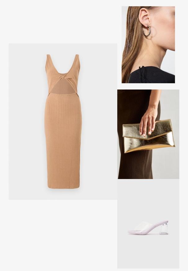 Ripp-midi-Kleid in Tan, mit tiefem V-Ausschnitt, Ausschnitt-Detail im Mittelteil und einer figurschmeichelnden Silhouette mit geradem Saum.; Lavendelfarbene mules mit Absatz aus klarem Kunststoff und transparentem Blockabsatz. Glatte Textur, offenes Zehendesign, minimalistischer Stil.; Goldfarbene metallische Clutch mit einer glatten Textur und einem dreieckigen Klappenverschluss. Die Hand, die sie hält, hat ordentlich manikürte Nägel.; Silberne Creolen mit polierter Oberfläche, die kleine goldene Akzentdetails und eine runde Form aufweisen, am Ohrläppchen getragen.