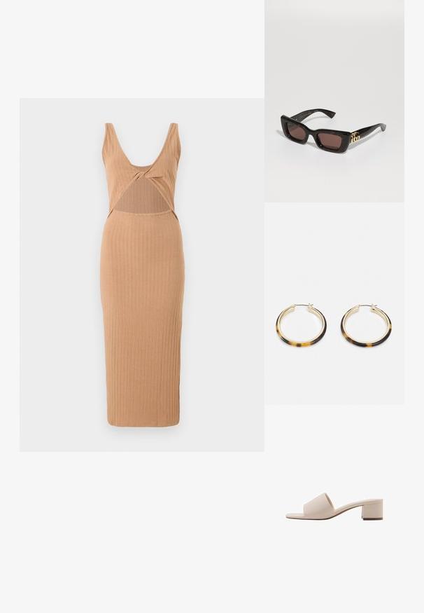 Ripp-midi-Kleid in Tan, mit tiefem V-Ausschnitt, Ausschnitt-Detail im Mittelteil und einer figurschmeichelnden Silhouette mit geradem Saum.; Beige Blockabsatzsandale mit breitem Riemen und offenem Zeh. Glattes Material und elegantes Design. Kurzer, stabiler Absatz für mehr Stabilität.; Schwarz schildpattfarbene Sonnenbrille mit rechteckigen Gläsern, braunem Farbton, dickem Rahmen und goldenen Doppel-G-Logo-Details an den Schläfen.; Goldfarbene Creolen Ohrringe mit einem äußeren Rand aus tortoiseshell-musterendem Harz, die eine glatte Oberfläche und eine schlanke, runde Form aufweisen.