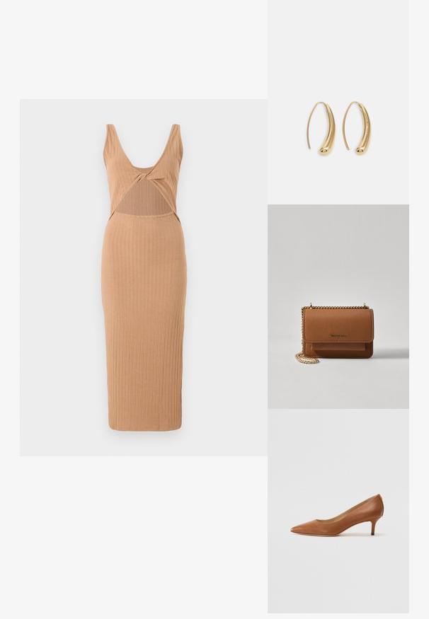 Rochie midi cu dungi în nuanță de bej, cu un decolteu adânc în V, detalii tăiate în zona taliei și o siluetă ajustată cu un tiv drept.; Lauren Ralph Lauren ADRIENNE - Pantofi clasici cu toc - deep saddle tan; Geantă crossbody din piele texturată maro, cu curea din lanț aurit și închidere cu clapetă. Partea din față prezintă detalii cu logo și o buzunar sub clapetă.; Cercei din metal auriu, cu un design curbat și alungit. Au o suprafață netedă și strălucitoare, cu un vârf rotunjit pentru un detaliu suplimentar.