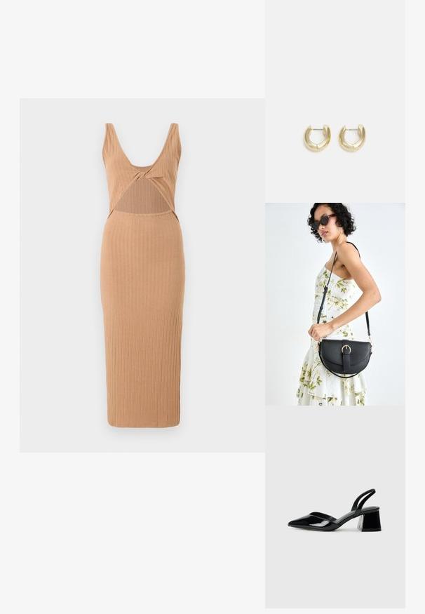 Rúško midi šaty v odtieni tan, s hlbokým výstrihom do V, výrezom v strednej časti a priliehavým strihom so rovnými krajmi.; Čierne lakované kožené sandálové podpätky s špicatou špičkou a geometrickým blokovým podpätkom. Disponujú elegantným, minimalistickým dizajnom a hladkým povrchom.; Čierna kožená kabelka s zaobleným tvarom, odnímateľným popruhom a zlatými doplnkami. Kabelka má klopu s detailom s prackou.; Zlaté kruhové náušnice s hladkým, lesklým povrchom. S polkruhovým tvarom a bezpečným zapínaním na kolík.