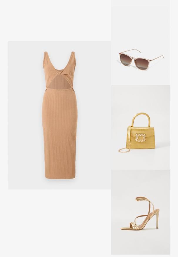 Ribbed midi kleita tan krāsā, ar dziļu V-veida kakla izgriezumu, izgriezumu vidusdaļā un pieguļošu siluetu ar taisnu apakšmalu.; Even&Odd Augstpapēžu sandales - gold; Brūna gradienta saulesbrilles ar caurspīdīgu rozā rāmi, kvadrātveida forma un plānas metāla kājas. Iespējamās noapaļotas malas un minimāls dizains.; Dzeltena mākslīgā krokodila roku soma ar strukturētu dizainu, augšējo rokturi, noņemamu ķēdes siksniņu un dekoratīvām kristāla rotājumiem aizdares daļā.