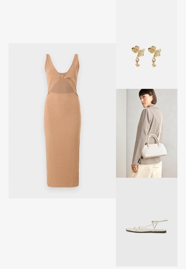 Ribbede midi-kjole i tan, med en dyb V-hals, udsnitdetalje over mellemgulvet og en tætsiddende silhuet med en lige kant.; Beige flad sandal med flere slanke stropper og en justerbar spænde. Sålen er flad med en let mørkere kontrast ved kanten.; Hvid struktureret taske med korte håndtag og en skulderrem, prydet med guldfarvede hardwaredetaljer og tekstureret materiale, præsenteret mod en grå baggrund.; Guldstjerneformede øreringe med klare ædelsten og hængende stjernecharms. Glat metaloverflade med en poleret finish.