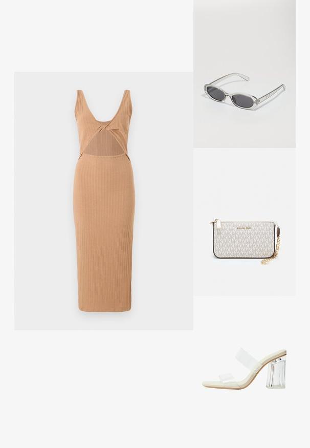 Ribbed midi dress in tan, featuring a deep V-neck, cut-out detail across the midsection, and a fitted silhouette with a straight hem.; Clear heeled sandals featuring transparent straps, a beige footbed, and a chunky clear block heel. Sleek and smooth design with a minimalist aesthetic.; Sunglasses with an oval shape, clear plastic frame, dark gray lenses, and thin transparent arms featuring logo accents and minimal detailing.; Michael Kors wristlet in beige coated canvas featuring a repeating MK logo pattern, gold hardware, and a detachable chain strap.
