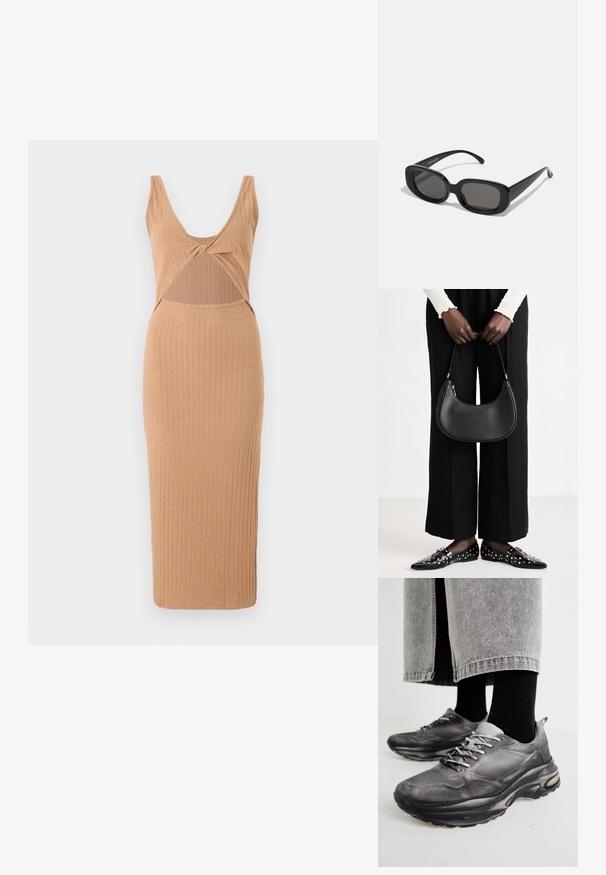 Geribbelde midi-jurk in tan, met een diepe V-hals, uitsnijding over het midden en een getailleerde pasvorm met een rechte zoom.; Zwarte en grijze sport schoenen hebben een mesh bovenkant, dikke zolen en veters. Ze hebben een ronde neus en zichtbare dempingsdetails.; Zwarte rechthoekige zonnebril met donkere lenzen. Dikke plastic montuur, gladde textuur en ronde randen. Stijlvolle steunen lopen naar buiten.; Zwarte lederen schoudertas met een ronde vorm, glanzende afwerking en zilverkleurige hardware. Persoon in zwarte wijde broek en gestifte loafers.