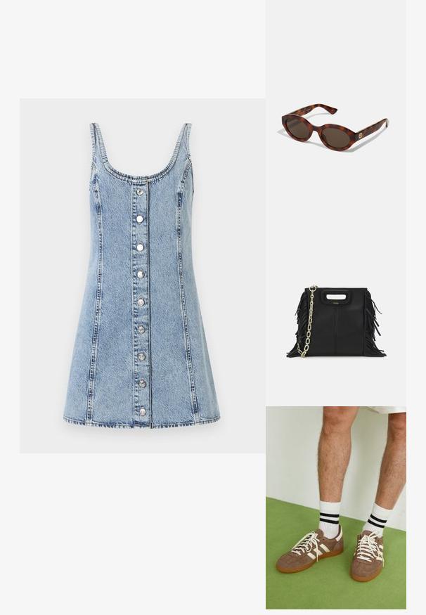 Denim mekko, jossa on pyöreä kaula-aukko ja ohuet hihnat. Vaalean sininen kangas, A-linjan muoto, etuosassa napit ja näkyvät ompelut yksityiskohdat.; Ruske nahkate sneakerit valkoisilla korostuksilla ja nauhoilla. Kumi-gumipohja. Yhdistetty valkoisiin sukkiin, joissa on mustia raitoja. Vihreä teksturoitu lattia.; Kilpikonnakuosiset aurinkolasit pyöreillä sangoilla, tummat linssit ja kultaiset logodetaljit sangoissa. Sujuva muovimateriaali, ei näkyviä kuvioita.; Musta nahkakäekott, millel on frantsiisidetailid, kuldne õlgade rihm ja lõikega käepide. Ees on logo paigutus.