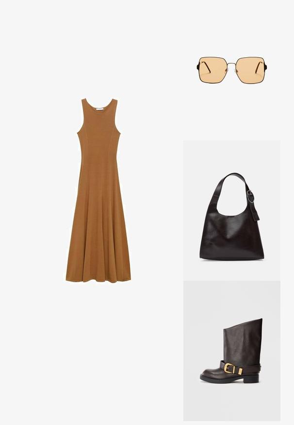 Ruskea ilman hihoja maxi-mekko, joka on valmistettu pehmeästä kankaasta. Mekossa on tiukka yläosa ja laineileva hameosa. Yksinkertainen muotoilu ilman näkyviä kuvioita tai koristeita.; Tummanruskea keskipitkä nahkasaapas mustalla pohjalla, matalalla korolla ja koristeellisella kultahelmityllä vyöllä nilkan ympärillä, näkyy sivusta.; Neliömäiset aurinkolasit ruskeilla linsseillä ja ohuella mustalla metallikehyksellä. Varusteena on kulmikkaat tempulit ja säädettävät nenätyynyt mukavuutta varten.; Ruskea nahkainen olkalaukku, jossa on sileä rakenne, pyöreä muoto, leveä hihna ja pyöreä metallikoriste kahvassa.