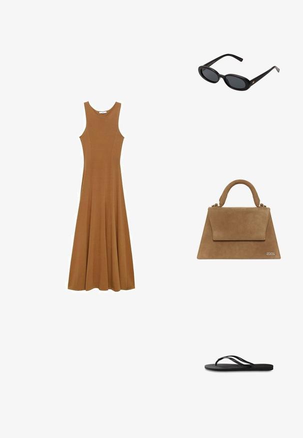 Ein braunes ärmelloses Maxikleid aus weichem Stoff, das einen taillierten Oberteil und einen ausgestellten Rock hat. Einfaches Design ohne sichtbare Muster oder Akzente.; Schwarze Flip-Flops mit einer strukturierten Gummisohle, zwei schlanken Riemen und einem dezenten, geprägten Logo-Detail auf dem Riemen.; Schwarze, oversized Sonnenbrillen mit ovalen Gläsern, glattem Kunststoffrahmen und goldenen Akzenten an den Bügeln. Die dunklen Gläser bieten Sonnenschutz.; Brauner Wildleder-Handtasche mit einer strukturierten Dreiecksform, einem oberen Griff und einem Klappverschluss. Verfügt über ein dezentes Logodetail an der Seite.
