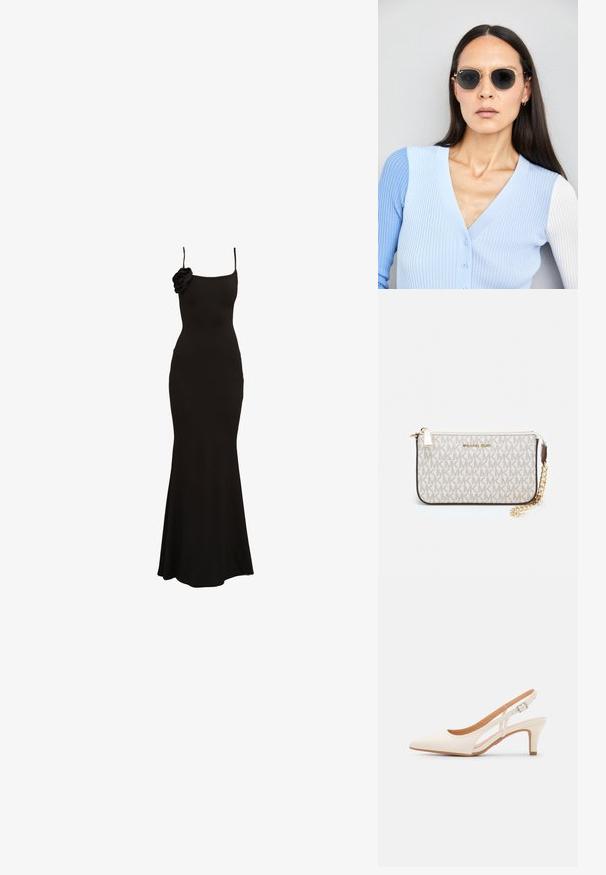 Rochie neagră, ajustată, fără mâneci, cu un accent floral pe un umăr, confecționată dintr-un material neted, având un tiv evazat.; Sandaie cu toc alb, cu vârful ascuțit, material superior neted, toc mic tip bloc și design cu decupaj lateral, cu curea ajustabilă.; Ochelari de soare rotunzi cu lentile întunecate și rame aurii. Modelul poartă un cardigan ribbed de culoare albastru deschis cu nasturi și mâneci albe în contrast.; Clutch Michael Kors din canva acoperit bej, cu un model repetitiv al logo-ului MK, accesorii din aur și o curea cu lanț detașabil.