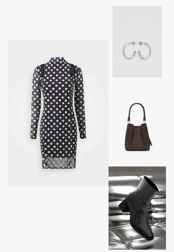 Hosszú ujjú fekete ruha, fehér és piros pöttyökkel, magas gallérral, kivágott vállakkal és enyhén áttetsző anyaggal.; Fekete bokacsizma fényes anyagból, négyzetes orral és szűkített sarkú, egy csillogó ezüst kárpitozott háttér előtt.; Carlheim ADALINE - Kézitáska - brown; Ezüst karika fülbevalók sima, fényes felülettel. Lekerekített forma, könnyű kialakítással, tűs zárómechanizmussal.