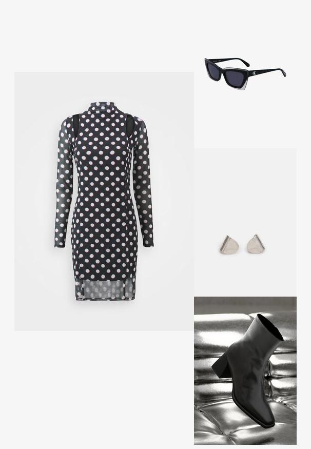 Pikendatud varrukatega must kleit, millel on valged ja punased täpid, kõrge kaelus, lõigatud õlgadega ja veidi läbipaistev tekstuur.; Must musta narmand, läikiva materjali ja ruudukujulise varbaga ning kitseneva kontsaga, paigutatud läikiva hõbedaselt tuftitud tausta ette.; Mustad suured mustad prillid geomeetrilise kujuga, tumedate läätsedega ja kontrastse halli detailiga raamidel. Logo käe peal.; Hõbedased metallkõrvarõngad sujuva pisarakuju ja poleeritud viimistlusega. Diskreetne graveering lisab detaile. Minimalistlik disain.