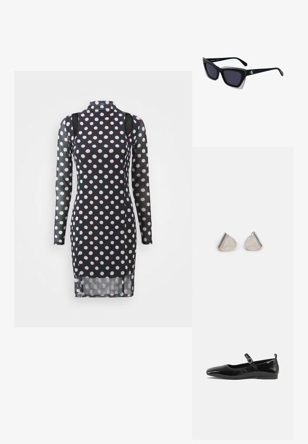 Melna kleita ar garām piedurknēm, kas rotāta ar baltām un sarkanām punktiņām, augstu apkakli, grieztām plecu daļām un nedaudz caurspīdīgu tekstūru.; Melna patentēta ādas dzīvokļu kurpe ar smailu purngalu, potītes siksniņu ar sprādzi un gludu, spīdīgu tekstūru. Zems papēdis komfortam.; Melni pārmēru saulesbrilles ar ģeometrisku formu, kas aprīkotas ar tumšiem stikliem un kontrastējošu pelēku akcentu uz rāmja. Logo uz kājas.; Sudraba metāla auskari ar gludu, asarveida formu un pulētu apdari. Smalkas gravējumi pievieno detalizāciju. Minimālisma dizains.