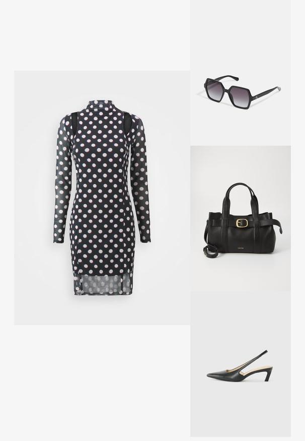 Langærmet sort kjole med hvide og røde prikkede mønstre, høj krave, udskårne skuldre og en let gennemsigtig tekstur.; Sorte spidse slingback-sko med en lav hæl, lavet af glat læder og med udskæringer på siden for åndbarhed.; Sorte sekskantede solbriller med gradientlinser, med en glat overflade og diskret branding på stængerne. Holdbar plastkonstruktion.; Sort læderhåndtaske med et struktureret design, dobbelte toppegreb, guldtonet spændeaccents og præget logo på forsiden.