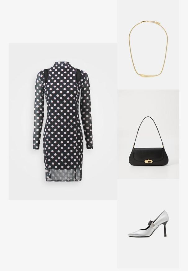 Rochie neagră cu mânecă lungă, prezentând buline albe și roșii, guler înalt, umeri decupați și o textură ușor transparentă.; Pantof înalt din piele argintie, cu vârf ascuțit, accent cu curea neagră și finisaj lucios, având o siluetă elegantă și toc subțire.; Geantă de mână din piele neagră, cu un design curbat, accesorii de culoare aurie și un mâner de sus. Dispune de o închidere elegantă și o textură netedă.; Colier placat cu aur, cu un accent central neted și curbat. Dispune de o chaină flexibilă cu un închizător tip homar și link-uri suplimentare ajustabile.