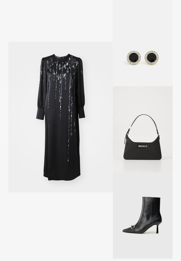 Fekete, hosszú ujjú ruha kerek nyakkivágással, függőleges fémszegecsekkel díszítve, oldalsó hasítékkal a szabadabb mozgás érdekében.; Fekete bőr bokacsizma hegyes orral, vékony közép magasságú sarokkal és ezüst csattal az oldalon, sima háttér előtt.; Fekete bőr táska ívelt kialakítással, ezüst hardware-rel és kiemelkedő "HUGO" logóval az elején. Sima textúra és strukturált forma.; DKNY INLAY STUD - Fülbevalók - black/gold-coloured