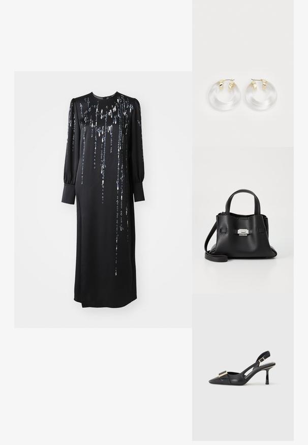 Fekete, hosszú ujjú ruha kerek nyakkivágással, függőleges fémszegecsekkel díszítve, oldalsó hasítékkal a szabadabb mozgás érdekében.; Fekete bőr slingback cipő hegyes orral, karcsú sarkal és aranyszínű kiegészítővel a lábfej résznél. Simább szerkezet és letisztult dizájn.; Fekete bőr kézitáska struktúrált felülettel, két felső fogantyúval, levehető vállpánttal és ezüst színű csattal.; Átlátszó akril fülbevalók arany tónusú fémszegélyekkel és fényes felülettel. Simább, kör alakú dizájnnal rendelkezik.
