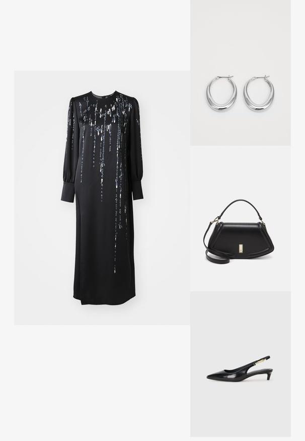 Robe noire à manches longues avec un col rond, embellie de lignes verticales de sequins métalliques et dotée d'une fente sur le côté pour plus de mouvement.; Talons hauts en cuir noir avec un bout pointu, dotés d'un talon fin et d'un accent en ton or sur la lanière réglable. Texture lisse.; Sac à main en cuir noir avec un design structuré, featuring une forme cropped, une poignée supérieure et des accents en matériel doré. Bandoulière réglable incluse.; Une paire de boucles d'oreilles en croissant en argent poli avec des fermoirs à charnière sur un fond blanc.
