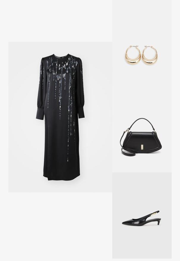 Musta pitkähiha dressi, jossa on pyöreä kaula-aukko, koristeltu metallisequinien pystysuorilla riveillä ja sivuaukko lisäämään liikkumista.; Mustat nahkaiset slingback-korkokengät, joissa on terävä kärki, ohuet korot ja kultasävytteinen yksityiskohta säädettävässä hihnassa. Silkkinen pinta.; Mustalla nahkalaukulla, jossa on jämäkkä muotoilu, lyhyt malli, yläkahva ja kultaiset yksityiskohdat. Säädettävä olkahihna sisältyy.; Kulta-toned korvakorut, joissa on puolikuun muoto, kiillotettu pinta ja sarana-closure. Sujuva rakenne ja heijastava pinta parantavat näkyvyyttä.