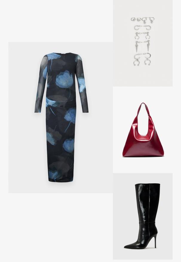 Hosszú ujjú ruha áttetsző fekete anyagból, kék virágmintával. Testhezálló szabás, begyűrt derékrésszel és egyenes sziluettel a boka aljáig.; Fekete bőrből készült, térd fölé érő csizmák hegyes orral és magas stiletto sarokkal. Simára csiszolt textúra és elegáns kivitelezés, minimális díszítéssel.; Piros fényes bőrtáska háromszögletű formával, széles felső nyílással és egyetlen ívelt fogantyúval. Sima felület, minimális varrási részletekkel.; Ezüst fülbevalók készlete, különböző dizájnokkal: karikák, bedugós fülbevalók és lógó stílusok, golyós díszítésekkel és hegyes elemekkel.