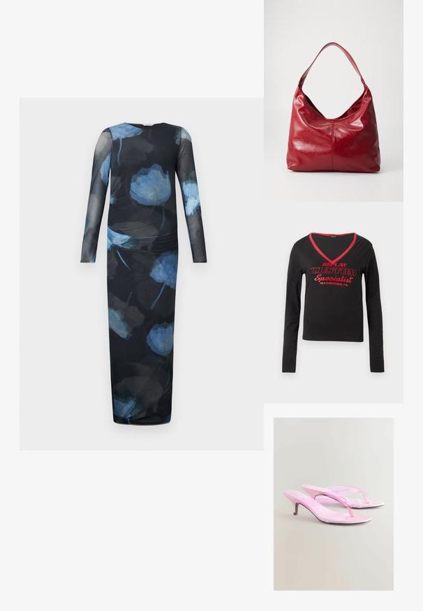 Haljina dugih rukava od prozirne crne tkanine s plavim cvjetnim uzorkom. Ugrađeni kroj s nabranim strukom i ravnim siluetom do gležnjeva.; Crna majica dugih rukava s V-izrezom, crvenim obrubom na izrezu i odvažnim crvenim ispisanim tekstom "REPLAY CUSTOM Specialist Allentown, PA."; Ružičaste sandale na petu s sjajnom završnom obradom, s dizajnom remenčića između prstiju i tankim metalnim potpeticama. Glatka tekstura i minimalistički stil.; Crvena kožna hobo torba s mekom, teksturiranom površinom, jednim remenom za rame i zaobljenim, opuštenim oblikom.
