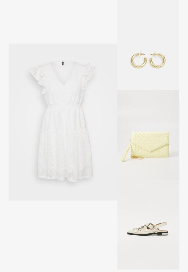 Fehér pamut ruha V nyakkivágással, rövid fodros ujjal, gombdíszítéssel, rugalmas derékkal és réteges szoknyával, amelyet bonyolult csipke minták díszítenek.; Fehér bőr slingback szandál, több széles pánttal és ezüst csatokkal; lapos talp, kis fekete sarokkal és fémes díszítésekkel.; Sárga szőtt pénztárca, hajtogatott dizájnnal, levehető csuklópánttal és arany színű lánc díszítéssel. Simább textúra és téglalap alak.; Arany fülbevalók sima, fényes felülettel. Kör alakú dizájn, amely kis kapoccsal és átlátszó tartozékkal rendelkezik a biztonságos viselés érdekében.