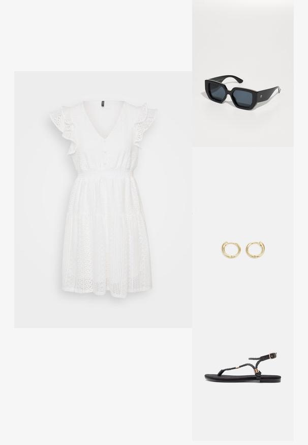 Bijela pamučna haljina s izrezom u obliku slova V, kratkim nabranim rukavima, detaljima gumba, elastičnom strukom i slojevskom suknjom s finim čipkastim uzorcima.; Crne ravne sandale s pletenim trakama i metalnim naglasakom. Imaju podesivu kopču i ravni gumeni potplat za udobnost.; Crne prevelike sunčane naočale s geometrijskim dizajnom, pravokutnim lećama i sjajnom završnom obradom. Nema vidljivog brendiranja sprijeda.; Zlatne naušnice na obruče s glatkim, zaobljenim dizajnom. Imaju mali zatvarač sa šarkom, lagani su i imaju sjajnu završnu obradu.