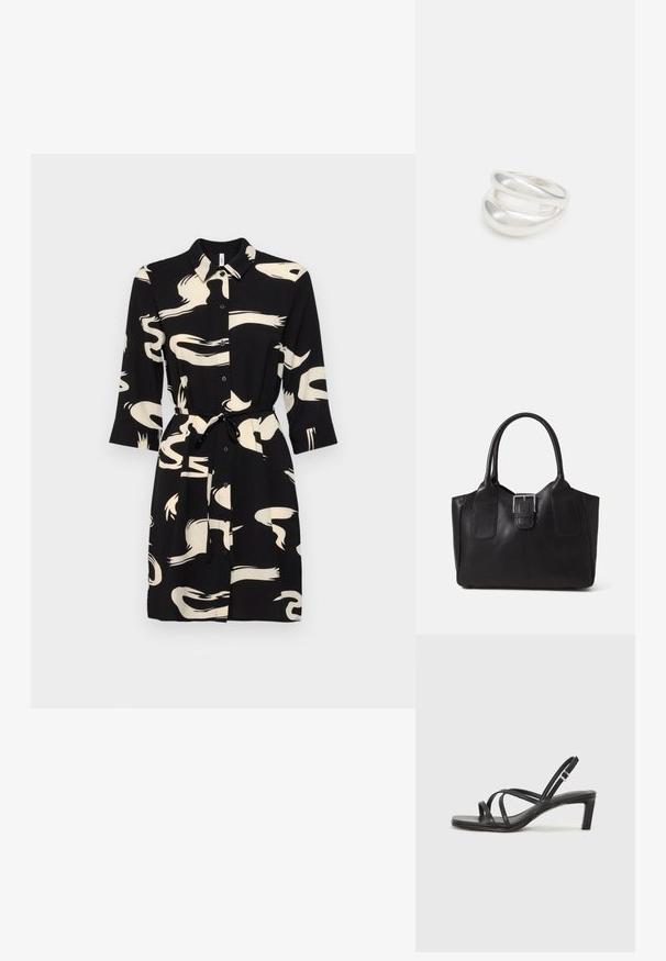 Melna kleita ar abstraktiem krēma rakstiem, pogu priekšpuse, apkakle un trīs ceturtdaļu piedurknes. Ietver atbilstošu jostu, kas paredzēta savilkšanai.; Melnas strappy sandales ar kvadrātveida purngaliem un zemu bloku papēdi. Ievērojamas ar vairākiem plāniem siksniņām un regulējamu potītes siksniņu. Izgatavotas no gludas ādas.; Melnas ādas somiņa ar gludu tekstūru, strukturētu formu, divām rokturām un izteiktu sudraba sprādzi priekšpusē.; Sudraba divu joslu gredzens ar gludu, pulētu virsmu. Iezīmējas ar plūstošu, izliekta dizaina struktūru ar pārklājošām sekcijām modernam izskatam.