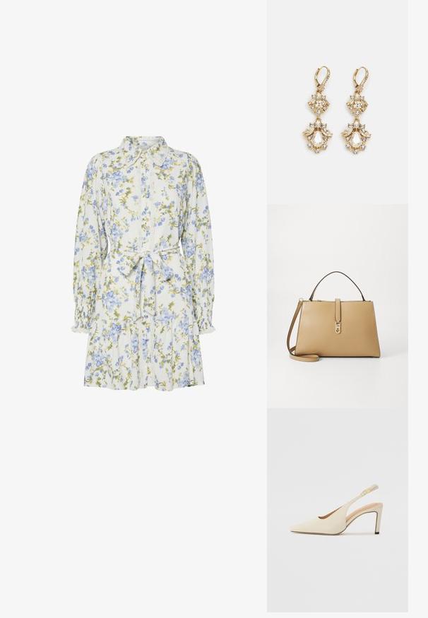 Blomsterkjole i hvitt med blå og grønne blomster, med krage, knappestolpe foran, lange ermer med elastiske mansjetter og belte i midjen.; Beige lærremmidheler med spiss tå, åpen sidestruktur og slank høy hæl. Har et gullakcent på stroppen.; Tommy Hilfiger LIBRE SATCHEL - Håndveske - safari; Gullfargede dangle-øredobber med en klynge-design som har runde og dråpeformede klare krystaller, som viser intrikate detaljer.