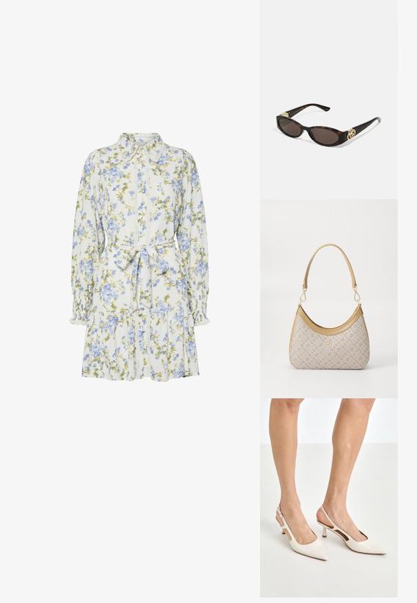 Kwiatowa sukienka w bieli z niebieskimi i zielonymi kwiatami, z kołnierzykiem, zapinana na guziki z przodu, z długimi rękawami z elastycznymi mankietami i paskiem w talii.; Beżowe lakierowane szpilki z odkrytą piętą, zakończone spiczastym noskiem i 5 cm obcasem, z wyciętymi bokami oraz cienkim paskiem na kostce.; Słoneczne okulary w kolorze żółwi z wydłużonymi owalnymi soczewkami, brązowym odcieniem, złotymi akcentami logo na zausznikach oraz smukłymi czarnymi ramionami.; Beżowa torebka w wzory o zakrzywionym kształcie, z skórzanymi akcentami i złotym logo z przodu. Posiada krótki uchwyt, co ułatwia noszenie.; Naszyjnik z pereł i kryształów o okrągłym, koralikowym wzorze w jasnych odcieniach, z naprzemiennie umieszczonymi perłami i błyszczącymi akcentami, noszony na szyi.