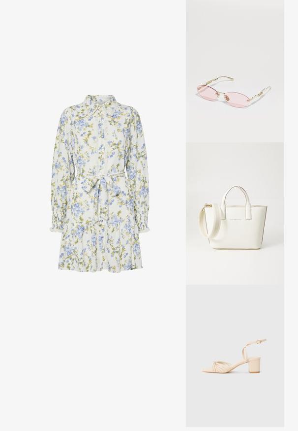 Vestido floral em branco com flores azuis e verdes, apresentando um colarinho, fecho frontal com botões, mangas longas com punhos elásticos e um cinto na cintura.; Sandal de tacão com tiras em bege, bico quadrado, design frontal torcido, faixa no tornozelo e salto bloco. Textura suave, estilo minimalista.; Gucci Óculos de sol - gold-coloured/pink; Bolsa de mão em imitação de couro branco, com alças curtas, alça de ombro ajustável e acabamentos em tom dourado; apresenta um logo discreto na parte da frente.