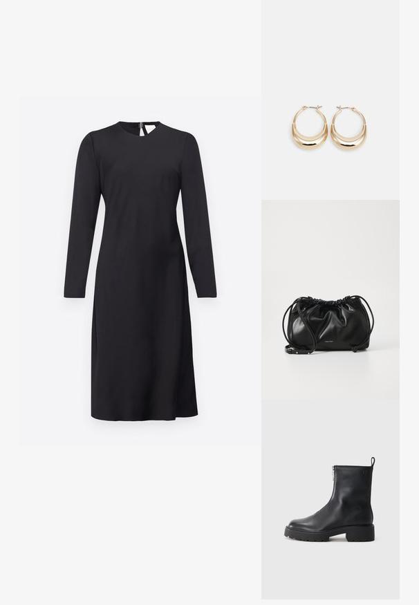 Svart langermet kjole med rund hals, glatt tekstur og rett passform; har glidelås bak og kne-lengde hem.; Sorte skinn ankelstøvler med glidelås på siden, rund tå og en chunky, strukturert såle. Diskret merkevare på siden.; Svart lærveske med samlet design, dobbel snoråpning og avtagbar skulderrem. Har metallisk logodetalj.; Gulltonede hoop-øreringen med en halvmåneform, polert overflate og hengsel-lukking. Glatt tekstur og reflekterende finish øker synligheten.