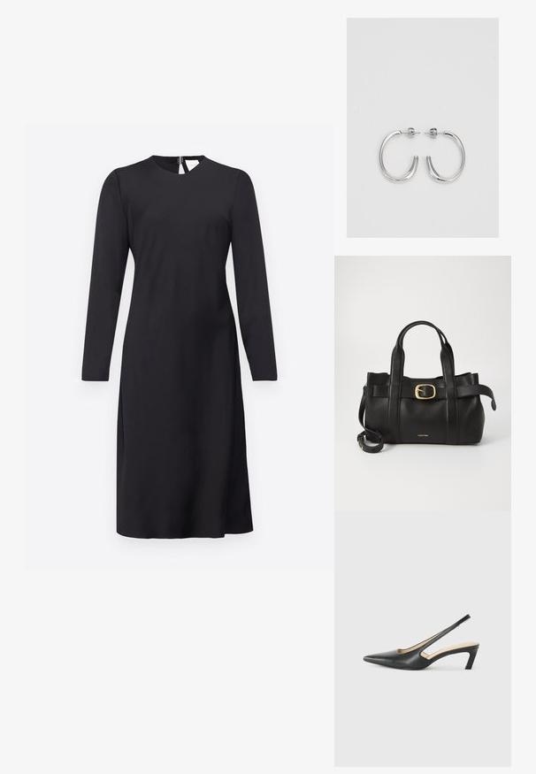 Musta pitkähihaisen mekko, jossa on pyöreä kaula-aukko, sileä pinta ja suora leikkaus; sisältää takana vetoketjukiinnityksen ja polvimittaisen helman.; Musta, kärjeltään terävä slingback-kengä, jossa on matala korko. Kengässä on sileä nahkamateriaali ja sivuilla leikkaukset hengittävyyttä varten.; Musta nahkakäsilaukku, jossa on struktuurinen muotoilu, kaksoiskahvat, kultasävyinen solkiaksentti ja kohokuvioitu brändilogo edessä.; Hopehopeet hopehopeet hopehopeet hopehopeet, jolla on sileä, kiiltävä pinta. Pyöreä muoto, kevyt rakenne, jossa on neulakiinnitys.
