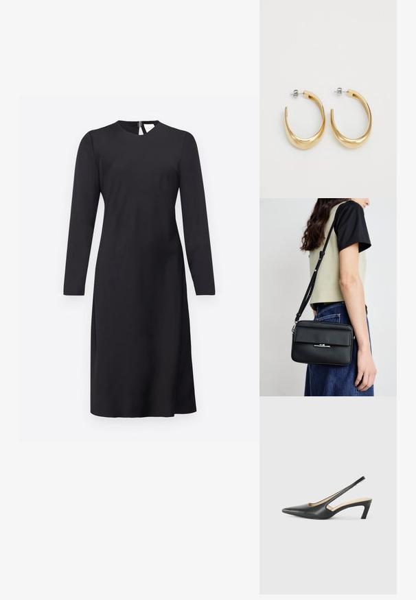 Juodas ilgas rankovėmis suknelė su apvaliu iškirpimu, lygiu paviršiumi ir tiesiu siluetu; turi užpakalinį užtrauktuką ir kelio ilgio kraštą.; Juodas smailus slingback batelis su žemu kulnu, pagamintas iš lygaus odos paviršiaus ir su išpjovomis šone, užtikrinančiomis oro pralaidumą.; Calvin Klein LINEAR CAMERA BAG - Rankinė per petį - black; Auksinės spalvos apyrankės auskarai su glotnia, kreiva forma. Pagaminti iš metalo, turintys elegantišką apdailą ir užsegimą su smeigėle.