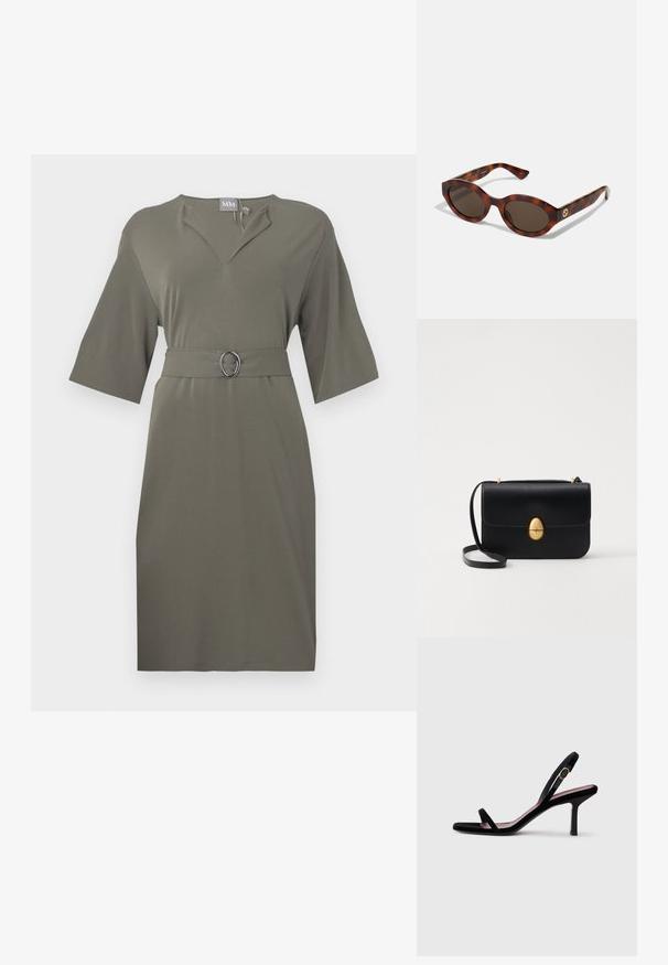 Krátky rukáv, šaty po kolená v olivovo zelenej farbe, vyrobené z hladkej tkaniny. Majú výstrih do V a zodpovedajúci opasok s oválnou striebornou prackou.; Čierne semišové dámske sandále na vysokom opätku s tenkými popruhmi a zlatou prackou na bielom pozadí, bočný pohľad.; Žlté slnečné okuliare s okrúhlymi rámami, tmavými sklami a zlatými logovými detailmi na straniciach. Hladký plastový materiál, bez viditeľných vzorov.; Čierna kožená kabelka so štruktúrovaným obdĺžnikovým tvarom. Obsahuje zlaté oválne zapínanie a tenký ramenný popruh. Hladká textura.
