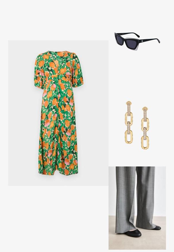 Vestido maxi floral con mangas cortas y abullonadas. Presenta un vibrante fondo verde con rosas naranjas y rosas, adornado con acentos de hojas.; Pantalones de pierna ancha a rayas grises con una textura suave, combinados con bailarinas de cuero negro con punta redonda.; Gafas de sol negras de gran tamaño con una forma geométrica, que presentan lentes oscuros y un detalle gris contrastante en la montura. Logo en la pata.; Pendientes de eslabones de chain dorados que presentan un diseño acentuado con cristales transparentes, con grabado de la marca "GUESS" y un acabado suave.