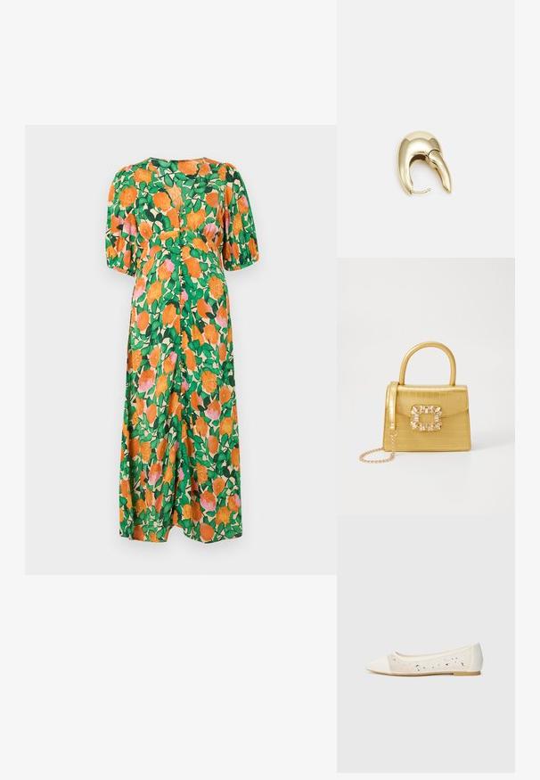 Květinové maxi šaty s krátkými, nadýchanými rukávy. Mají živě zelené pozadí s oranžovými a růžovými růžemi, zvýrazněné listovými akcenty.; Béžové ploché boty s špičatou špičkou z krémové kůže s průhledným svrškem posetým třpytivými kamínky. Měkká podrážka pro maximální pohodlí, minimalistický design.; Žlutá kabelka z umělé krokodýlí kůže se strukturovaným designem, horním uchopem, odnímatelným řetízkovým popruhem a dekoračním krystalovým zdobením na zapínání.; Náušnice ve zlatém tónu z kovu s elegantním zakřiveným designem. Vyznačují se jedinečným špičatým tvarem, lesklým povrchem a závěsem na kloub.
