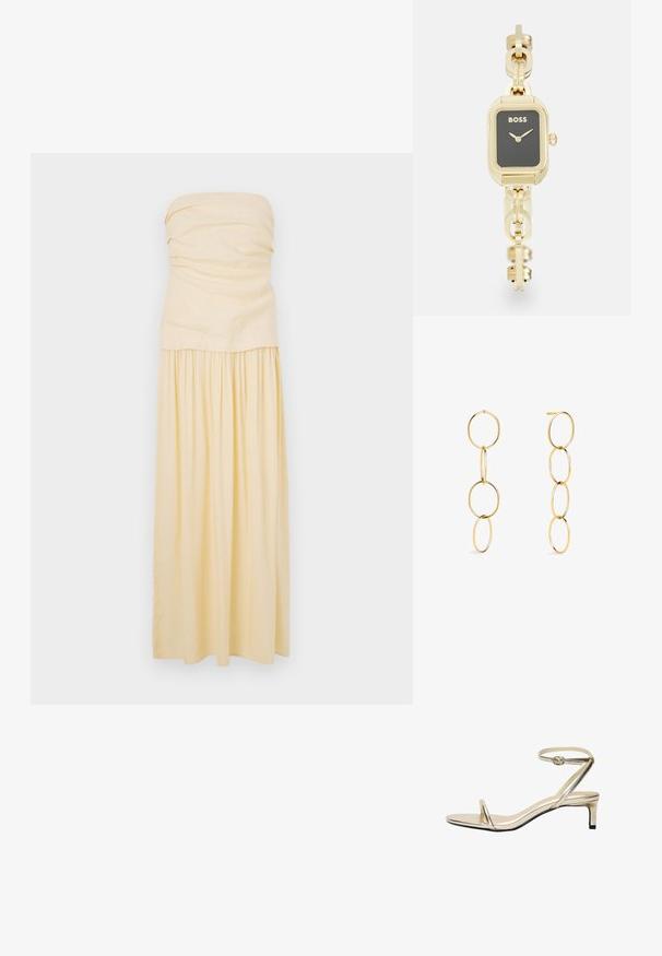 Bristolös, golvlång klänning i ljusgult bomull. Rynkad byst med veckad kjol för en mjuk fall. Slät textur och minimalistisk design.; Metallisk guld sandal med en smal ankelrem, öppen tå och en låg, blockklack. Funktioner med minimalistisk design och mjuk textur.; Rektangulär guldtonad klocka med svart urtavla, länkarmbandsdesign och "BOSS"-logotyp. Har minimalistiska visare och en krona.; Guldörhängen i form av fyra sammanlänkade cirklar i varierande storlek, med en polerad yta och enkel stiftfäste.
