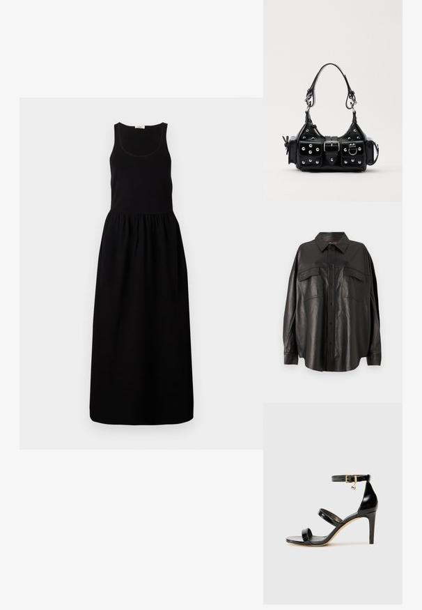 Czarna, bezrękawnikowa sukienka maxi z dopasowanym gorsetem, marszczoną talią i swobodnie opadającą spódnicą. Wykonana z miękkiego materiału o gładkiej fakturze.; Czarna skórzana koszula z zapięciem na guziki, ostro zakończonym kołnierzykiem i dwiema kieszeniami na piersi. Charakteryzuje się luźnym krojem i gładką fakturą.; Czarne lakierowane sandały na paski z trzema paskami, zapięciem na kostce i 10-centymetrowym obcasem w szpilce. Zawierają złote detale oraz zawieszkę z logo.; Czarna skórzana torebka w zakrzywionym kształcie, z srebrnymi ćwiekami, klamrą i dwoma bocznymi kieszeniami. Regulowany pasek umożliwiający różne opcje noszenia.