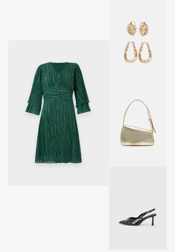Πράσινο πλισέ φόρεμα με V-λαιμόκοψη, κλείσιμο με τρία κουμπιά και φαρδιά μανίκια. Φτιαγμένο από υλικό με υφή, έχει καλοδιάστατη μέση και ρέουσα φούστα.; Μαύρο παπούτσι slingback από πατέντο δέρμα με μυτερή μύτη, λουράκια στον αστράγαλο που διαθέτουν ασημένιες αγκράφες και μεταλλικά στοιχεία, και λεπτό τακούνι.; Χρυσή μεταλλική τσάντα χειρός με δομημένο σχέδιο, λεία υφή και ρυθμιζόμενο λουρί. Διαθέτει μοναδικό τριγωνικό σχήμα και μινιμαλιστική ραφή.; Χρυσά σκουλαρίκια με υφή, κυματιστά σχήματα. Περιλαμβάνουν γλυπτικά κλιπ-σε σκουλαρίκια και σχέδιο ανοιχτού σκουλαρικιού με σφυρήλατη επιφάνεια.